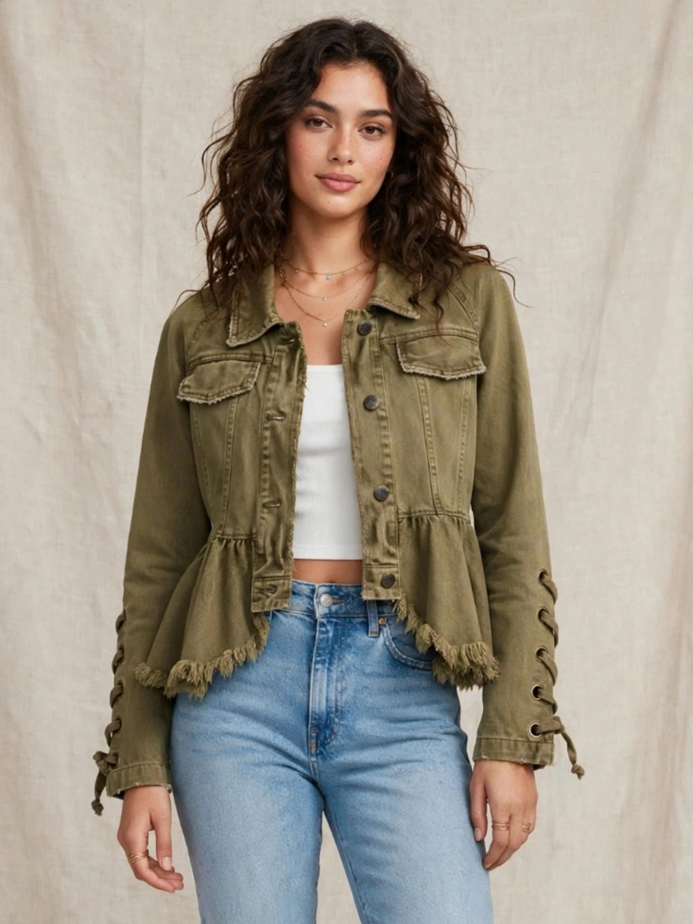 Free People Olive Ruffle Hem Denim Jacket Lace‑Up Cuffs XS - Picture 1 of 14